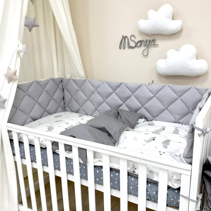Комплект постільної білизни для новонародженого Baby Mix Хмаринки сірі з місяцем, колір сірий