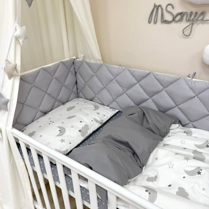 Комплект постільної білизни для новонародженого Baby Mix Хмаринки сірі з місяцем, колір сірий
