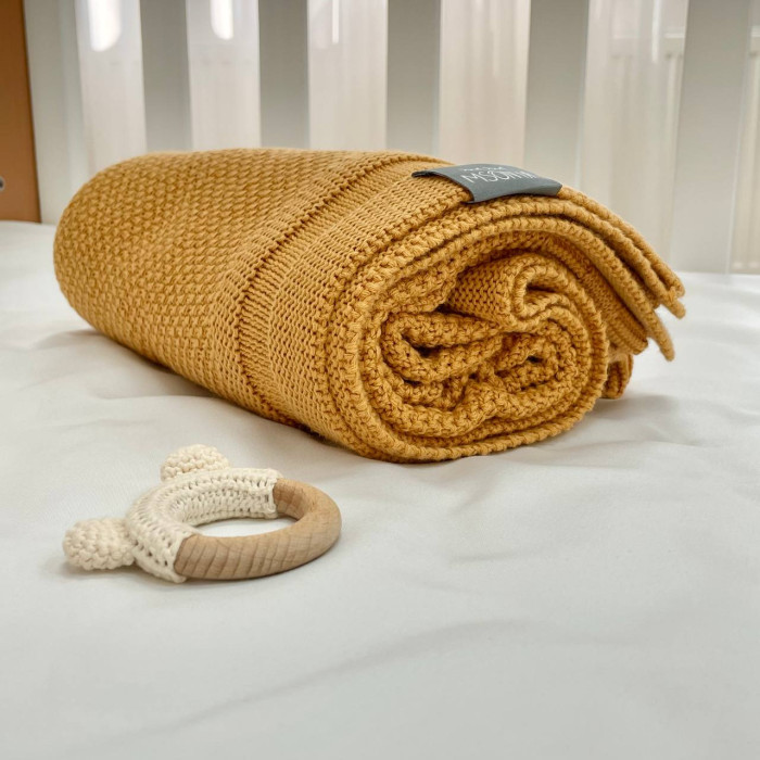 Плед вязаний Рогожка гірчиця