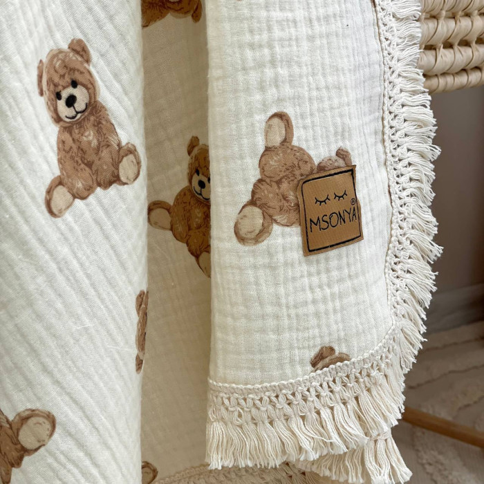 Плед муслін жатка двошаровий з бахромою Teddy на молочному