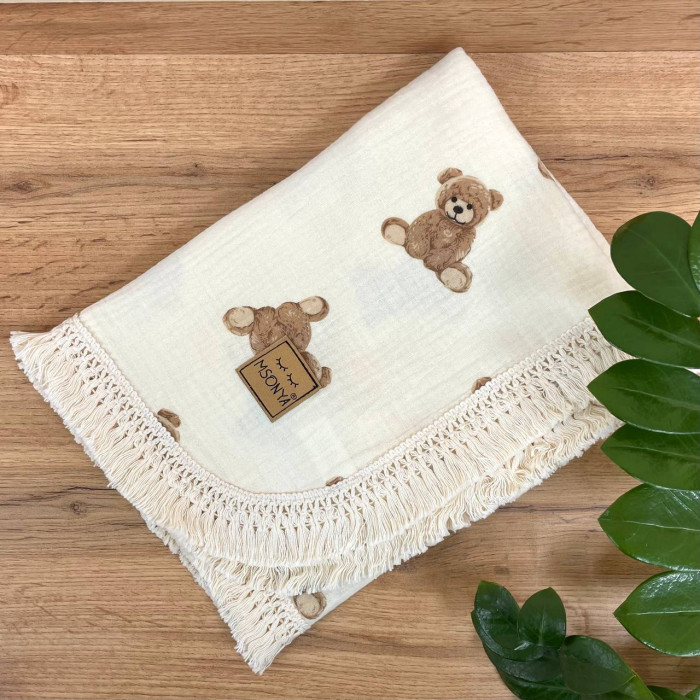 Плед муслін жатка двошаровий з бахромою Teddy на молочному