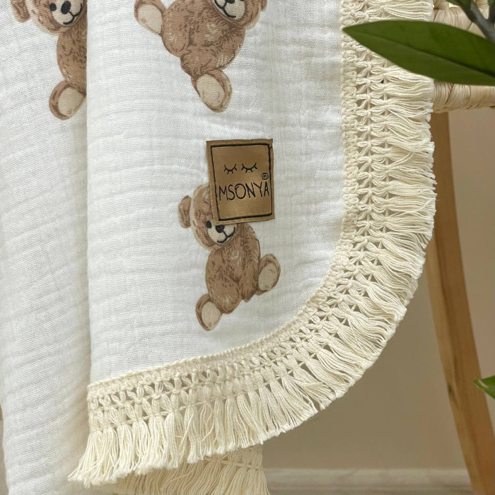 Плед муслін жатка двошаровий з бахромою Teddy на білому